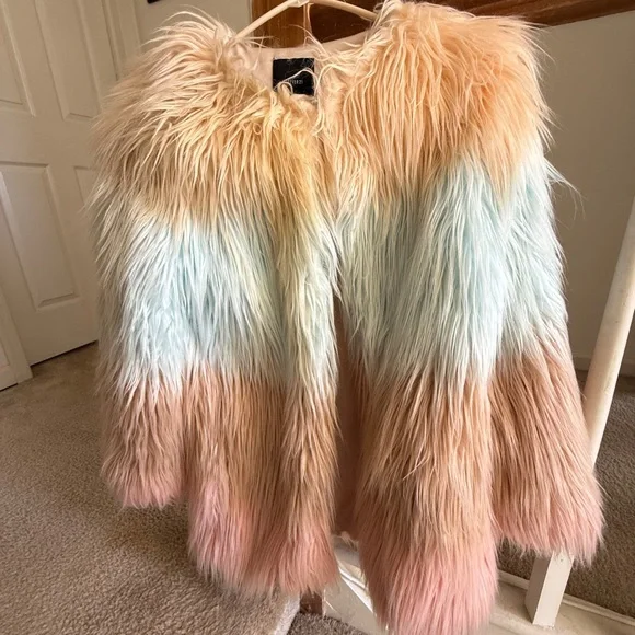 Forever 21 Pastel Faux Fur Coat in Peach, Light Blue & Pink - Picture 1 of 5